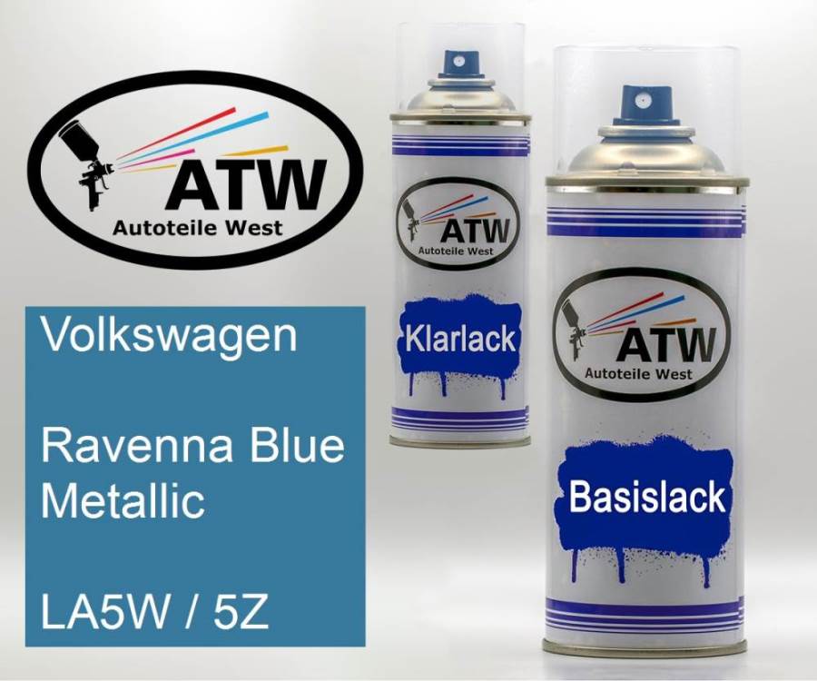 Volkswagen, Ravenna Blue Metallic, LA5W / 5Z: 400ml Sprühdose + 400ml Klarlack - Set, von ATW Autoteile West.